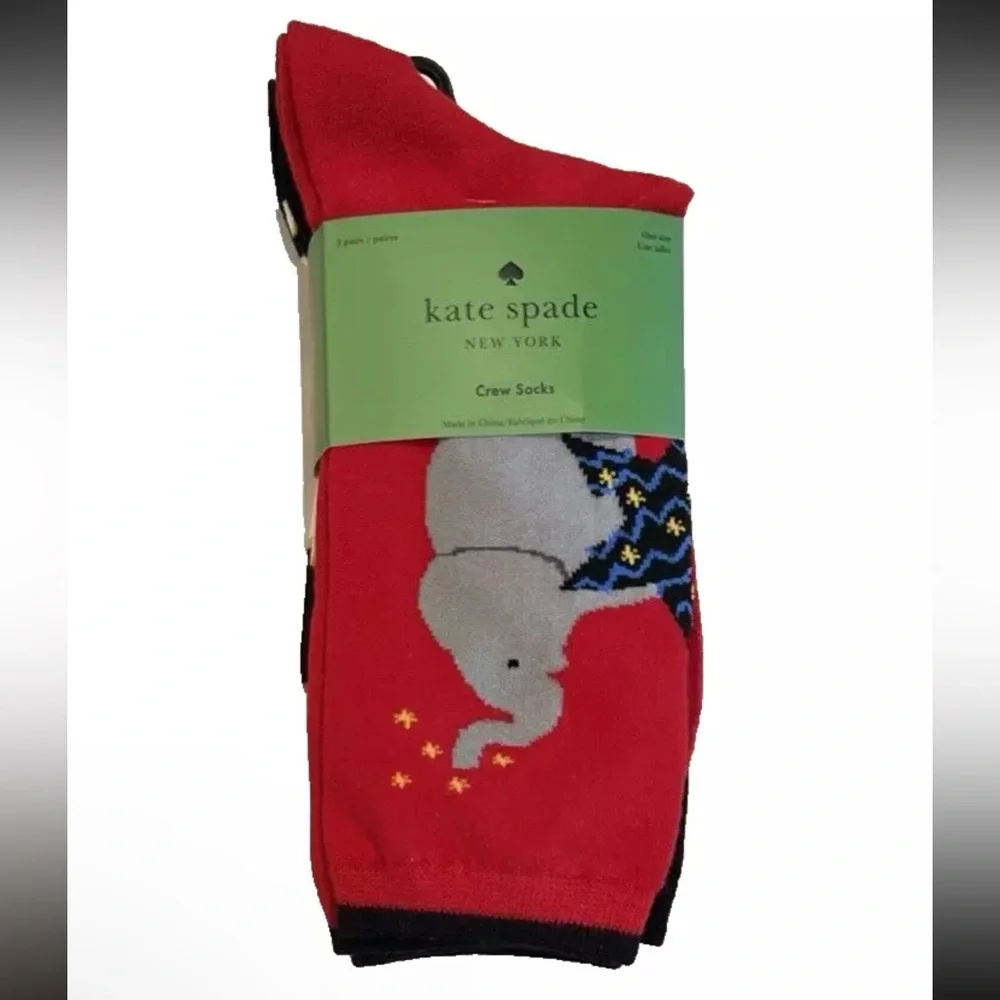Kate Spade Crew Socks Elephant  Black Red White Stripe 3pk‎ KSNY